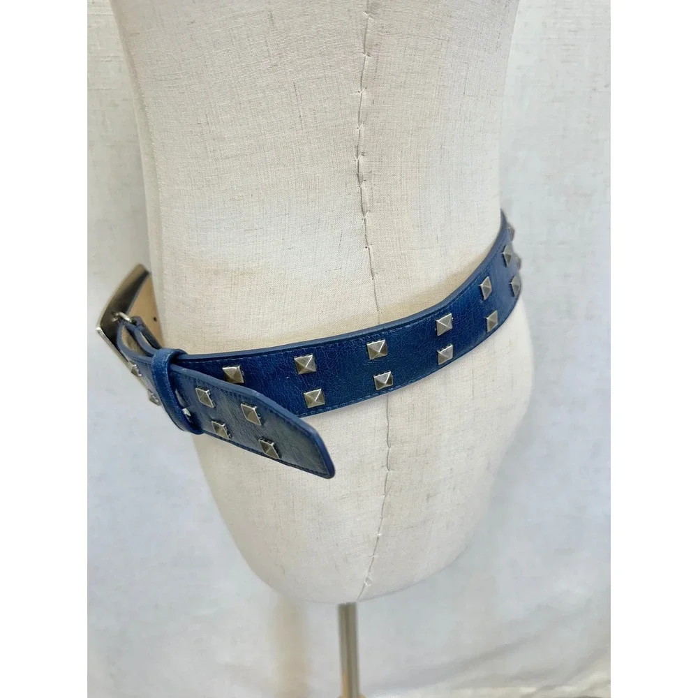 Pyramid Studded Leather Belt Womens‎ Small Navy Blue Silver Pyramid Punk Rock